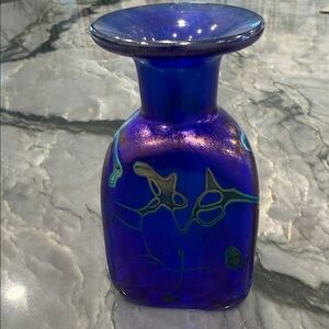 Blue Glass Vase with Iridescent Artistic Design